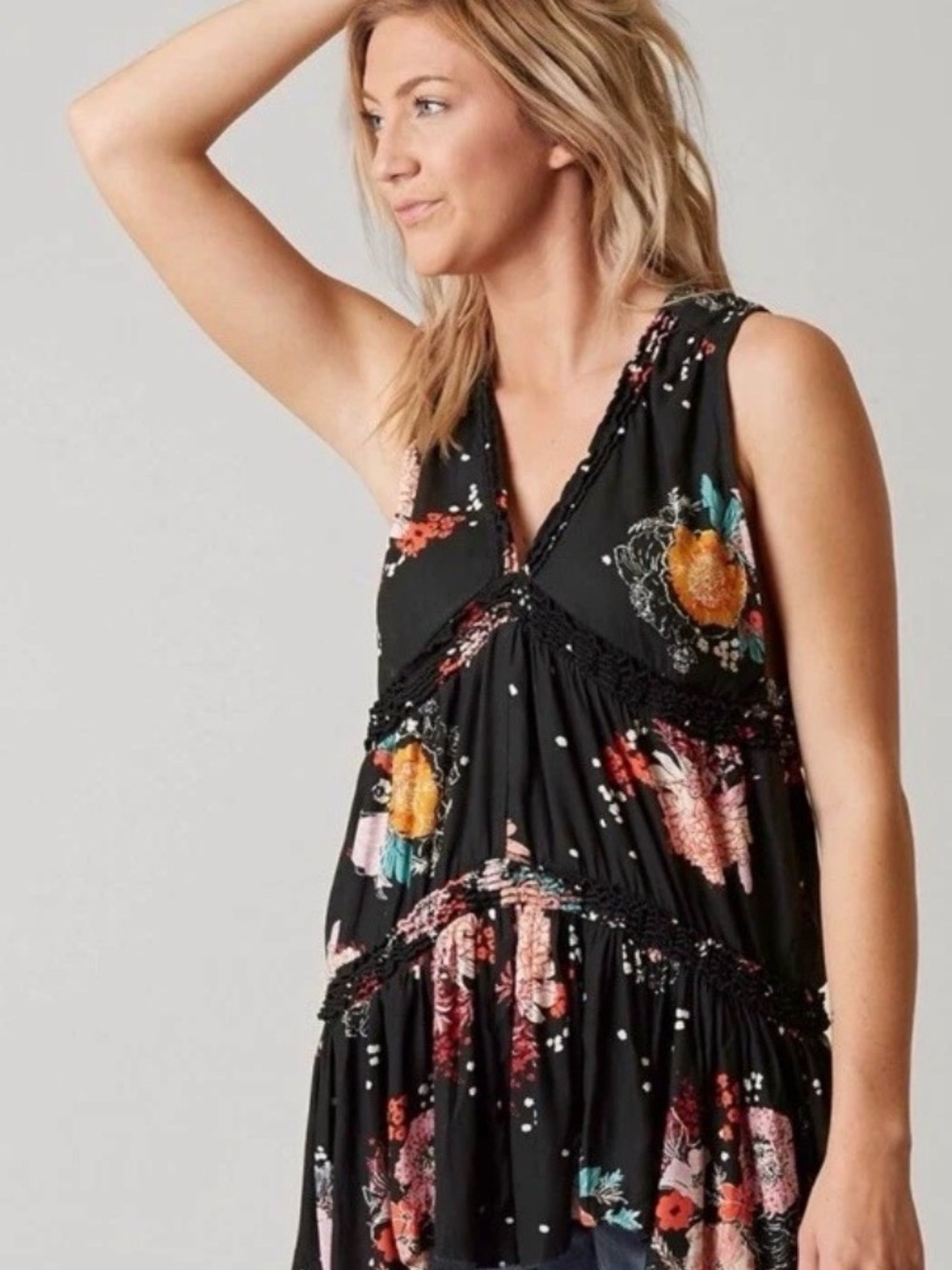 Free People Haze Floral Tiered Tunic mini dress/Tank top black XS ruffle cottage